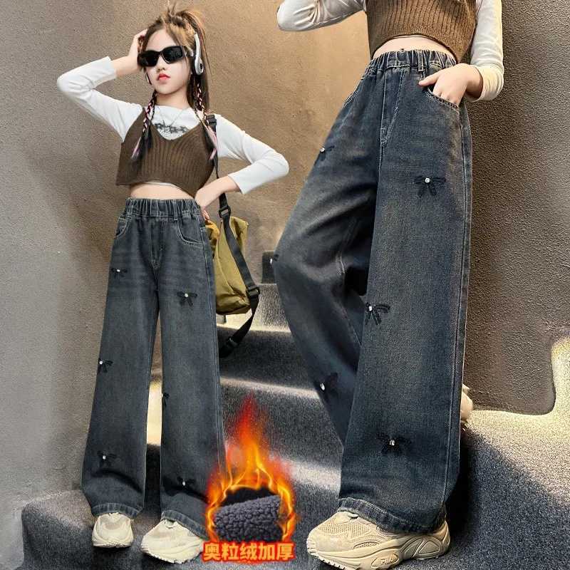 2025 Stylish Kids Winter Warm Fleece-lined Jeans with Bows for Girls Thick Thermal Trousers Child High Street Insulate PantsT251212
