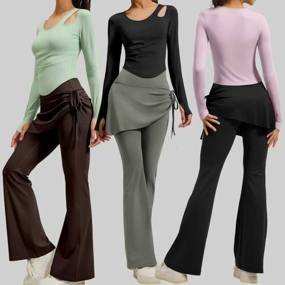 2PCS Yoga Set for Women Long Sleeve Yoga Top with Fixed Chest Pad Flared Pants Slim Fit Gym Suit Running Pilates Fitness SetT251212-image-1088146472