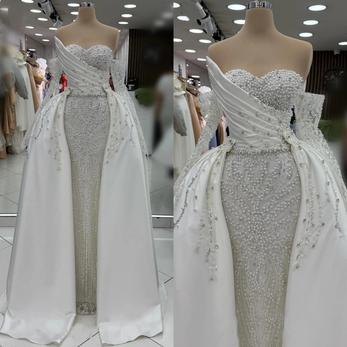 Modern Pearls Wedding Dresses Crystal Beading Bridal Gowns Overskirts Sequins Slim Princess Mermaid Customized Vestidos De Novia Plus Size
