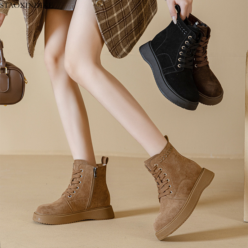 STAOXINDIKE Petite Thick-Soled Casual Martin Boots for Women, Versatile Fashion Slimming Fleece-Lined Short Boots, British Style Autumn Winter Retro