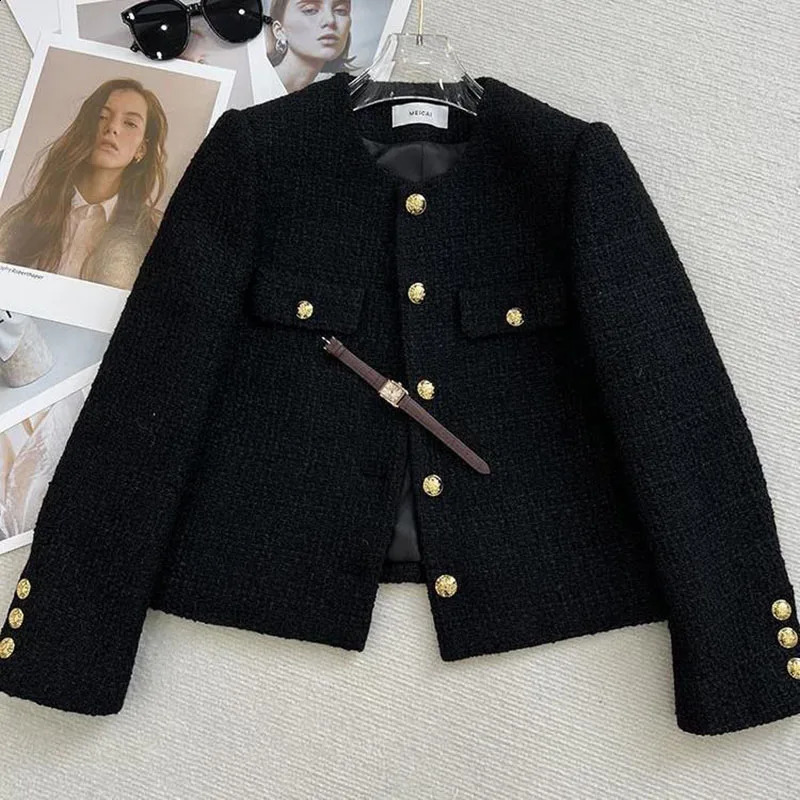 Black Tweed Jackets Womens Korean Fashion Metal Buckle Short Coats Woman Autumn Winter Single Breasted O-Neck Outerwear 251211