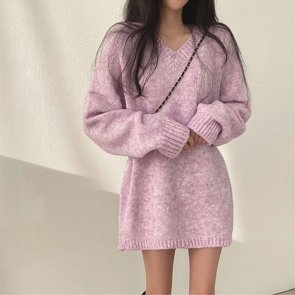 INS Autumn Winter New Korean Style Lazy Soft Loose Mid-Length V-Neck Knitted Sweater For Women B5