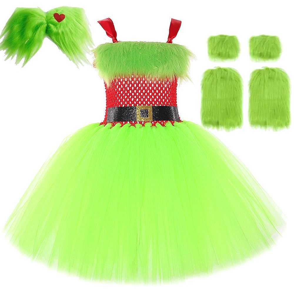 Red Green Santa Claus Costumes for Girls Christmas Hairy Monster Fancy Tutu Dress for Kids Xmas New Year Clothes Carnival Outfit X251212
