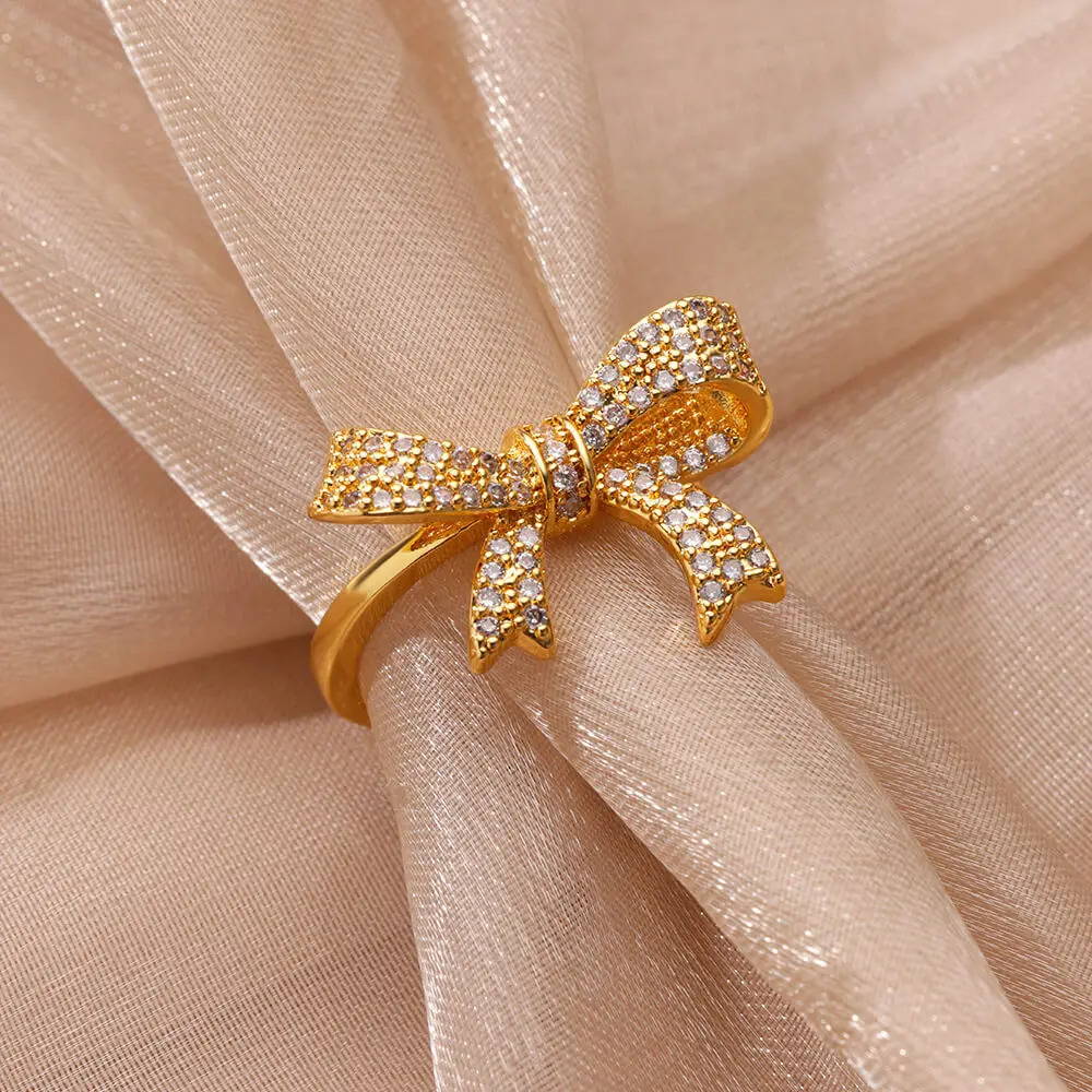 Zircon Elegant Bowknot Rings for Women Gold Color Aesthetic Stainless Steel Ring Couple Birthday Party Jewelry Gift 251209