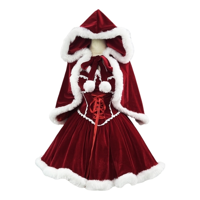 Abiti da festa di Natale Costumi cosplay di Babbo Natale Lolita Abito uniforme Gonna rossa Abiti da anno per il capo Regali di Natale Plus Size 2512