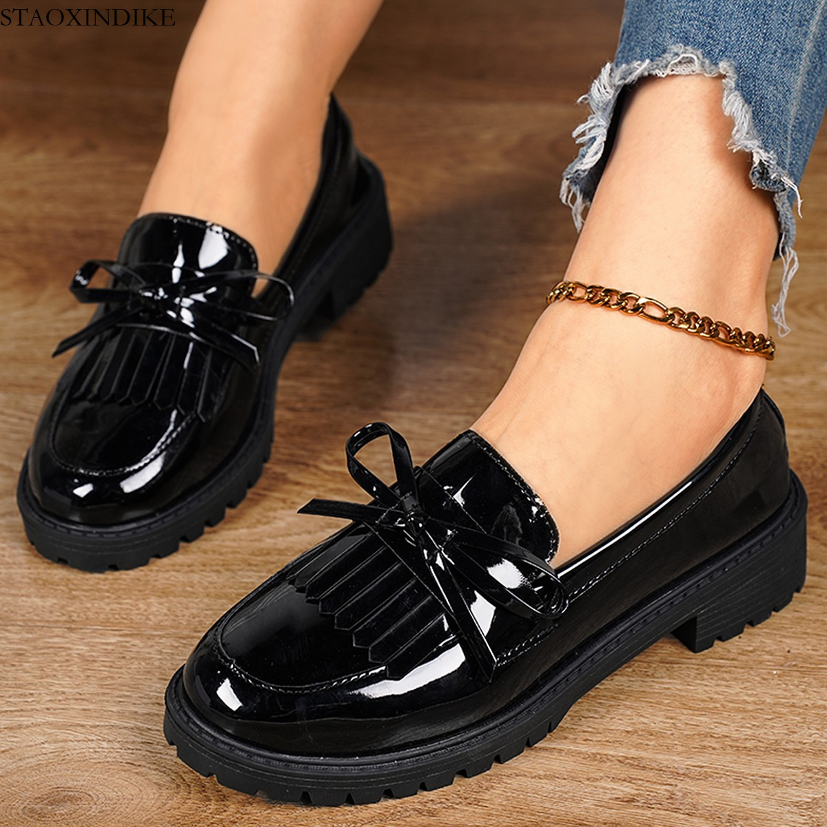 STAOXINDIKE Cross-Border Plus Size Loafers for Women 2024 Spring and Autumn New Patent Leather Bow Mary Jane Shoes Casual Shoes for Women