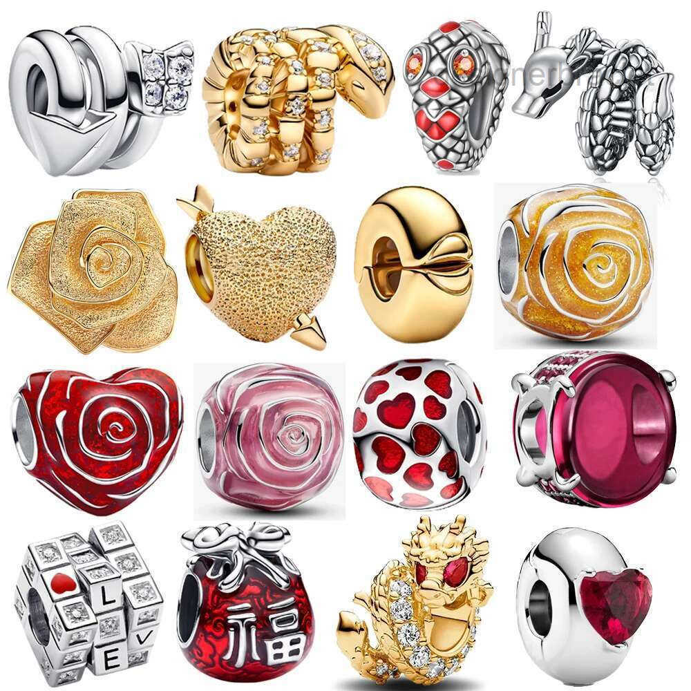 New 2025 925 Sterling Silver Snake Bead Rose Flower Heart Charm Fit Charms beads Bracelet DIY for women Mon Gift Jewelry