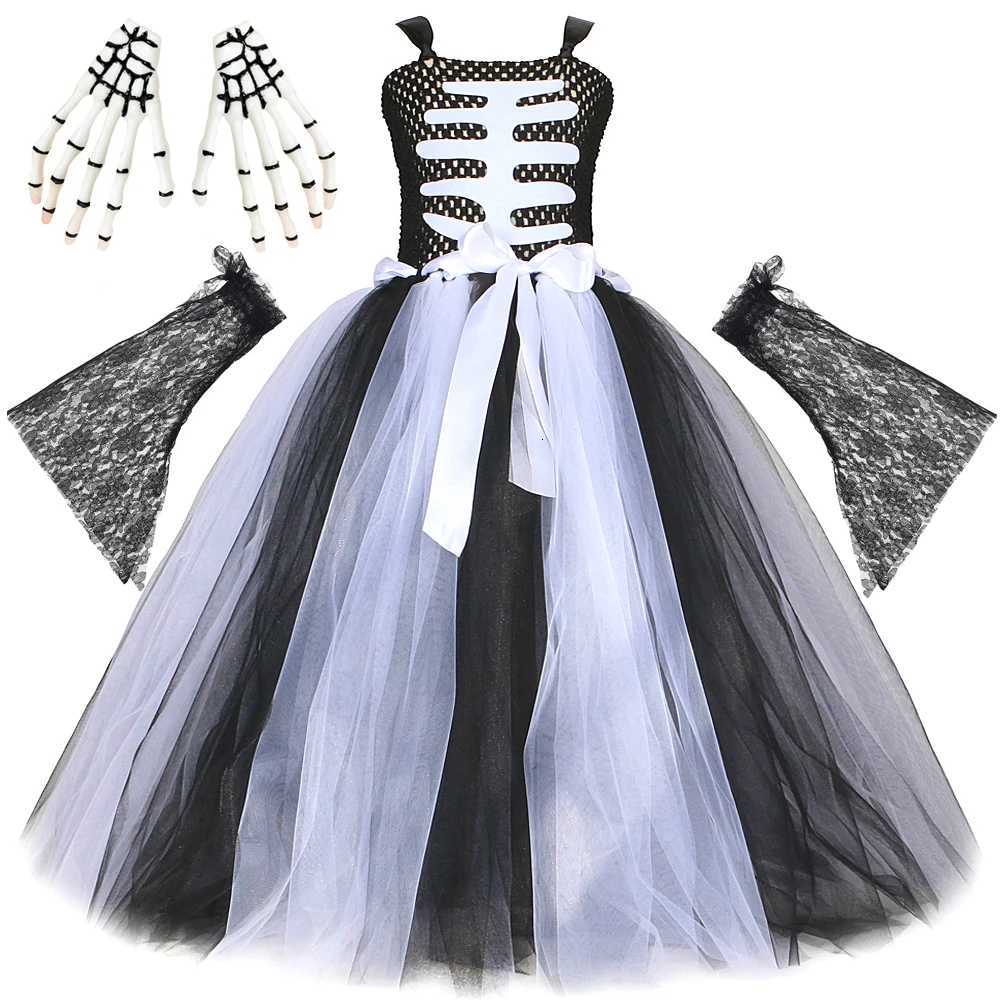 Scheletro nero bianco Costumi di Halloween Ragazze Fantasma spaventoso Abito lungo tutu Bambini Vestito di carnevale morto del giorno con maniche in