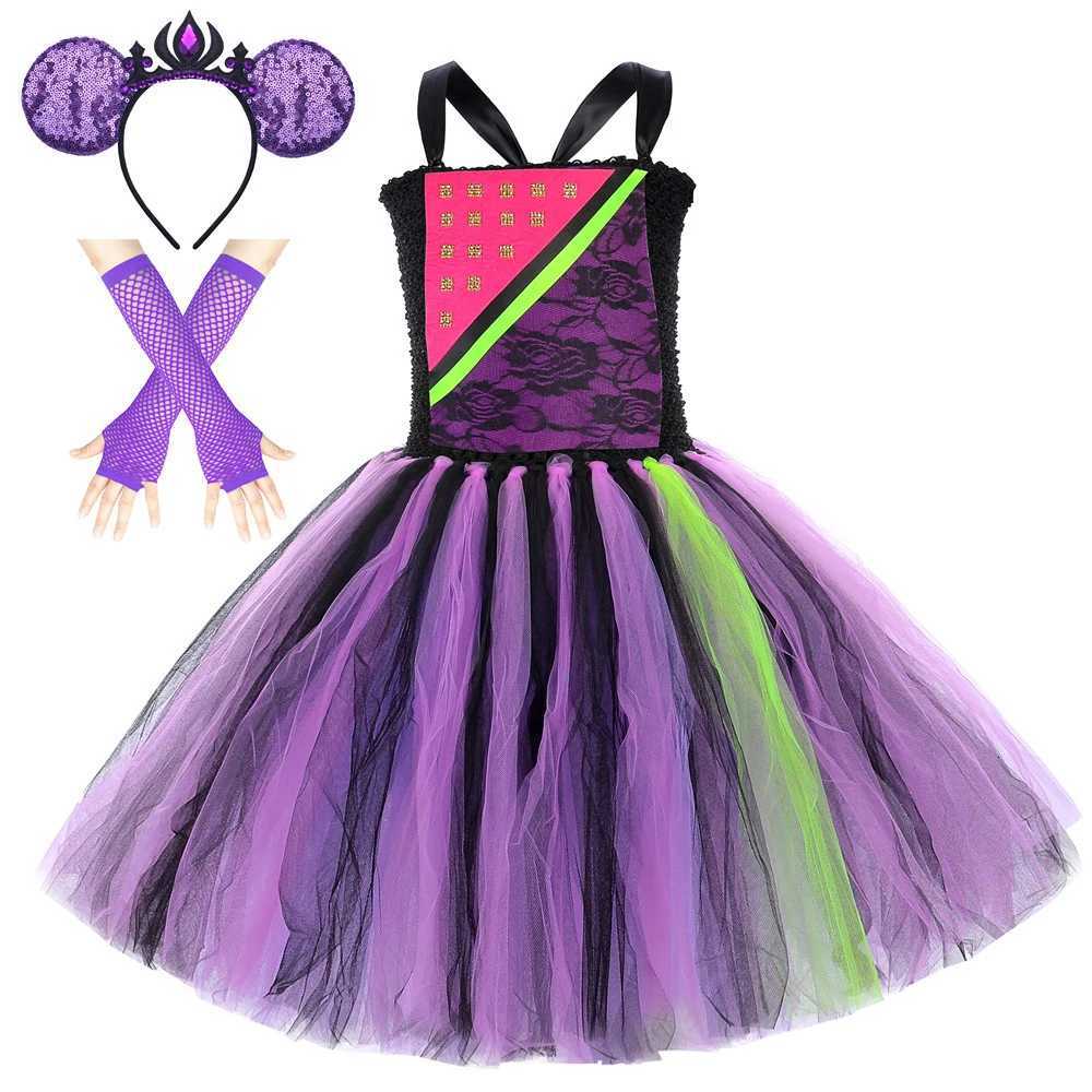 Discendenti 2 Costumi da principessa Mal per ragazze Hallloween Abito foderato fantasia Vestito per bambini Festa di carnevale Tutù con guanti con f