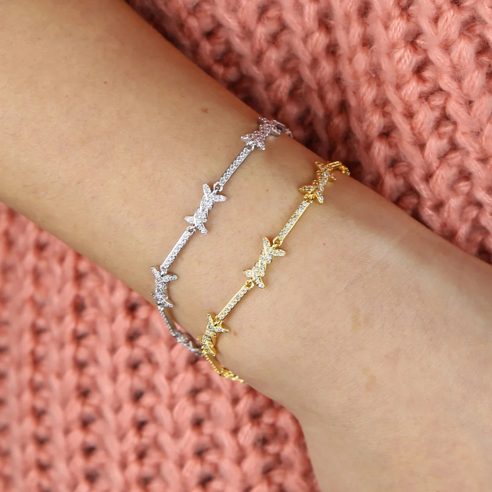 High Quality Clear CZ Barbed Wire Charm Link Chain Bracelet 154cm Adjusted Silver Color Delicate Fashion Jewelry For Women 251209