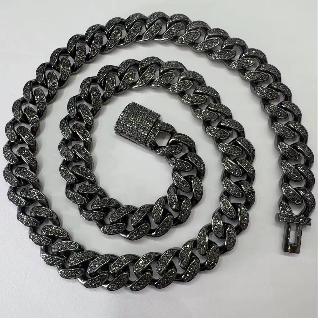 Top Sale Hiphop Moissanite Cuban Chain Sparking 12mm Two Row Vvs Black Stone Real S925 Silver Moissanite Cuban Link Chain