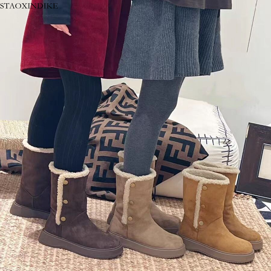 STAOXINDIKE Vintage Suede Thick-Soled Two-Way Snow Boots for Women 2025 Winter New Mid-Calf Lamb Wool Thickened Warm Martin Boots