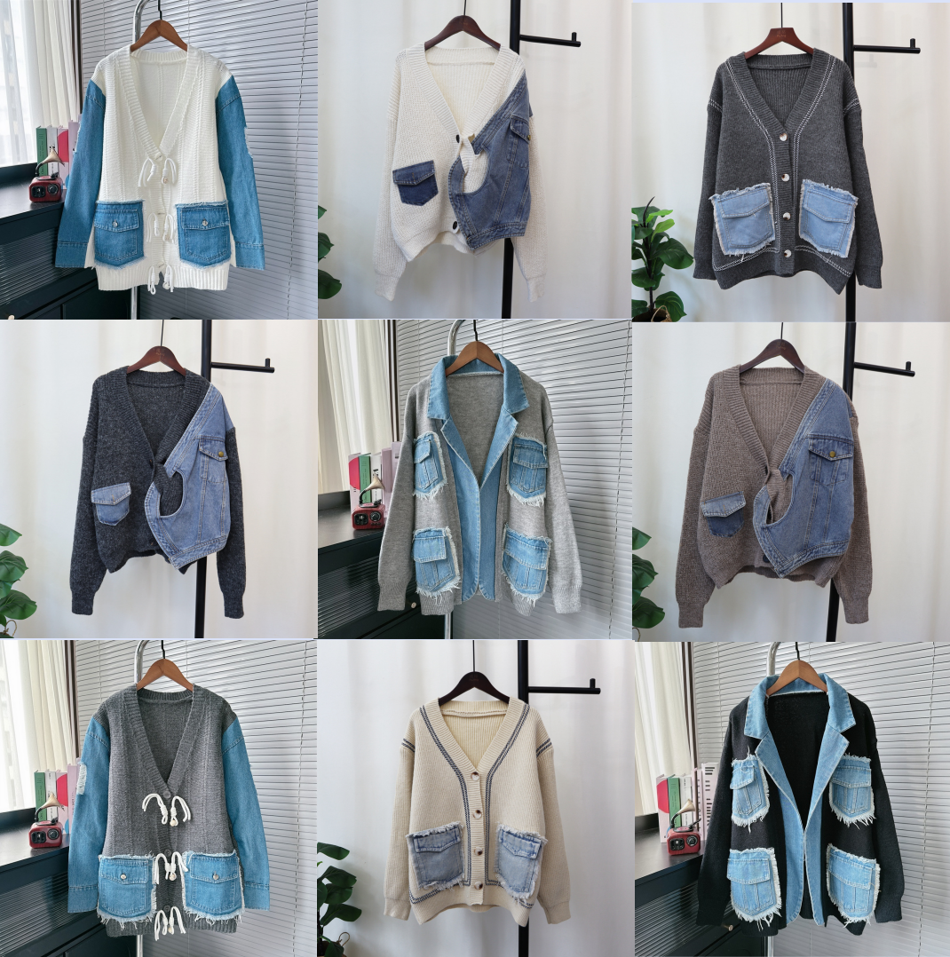 2025 Autumn New Korean Casual Versatile Sweater Jacket Design Sense Cowboy Splicing V-neck Knitted Cardigan