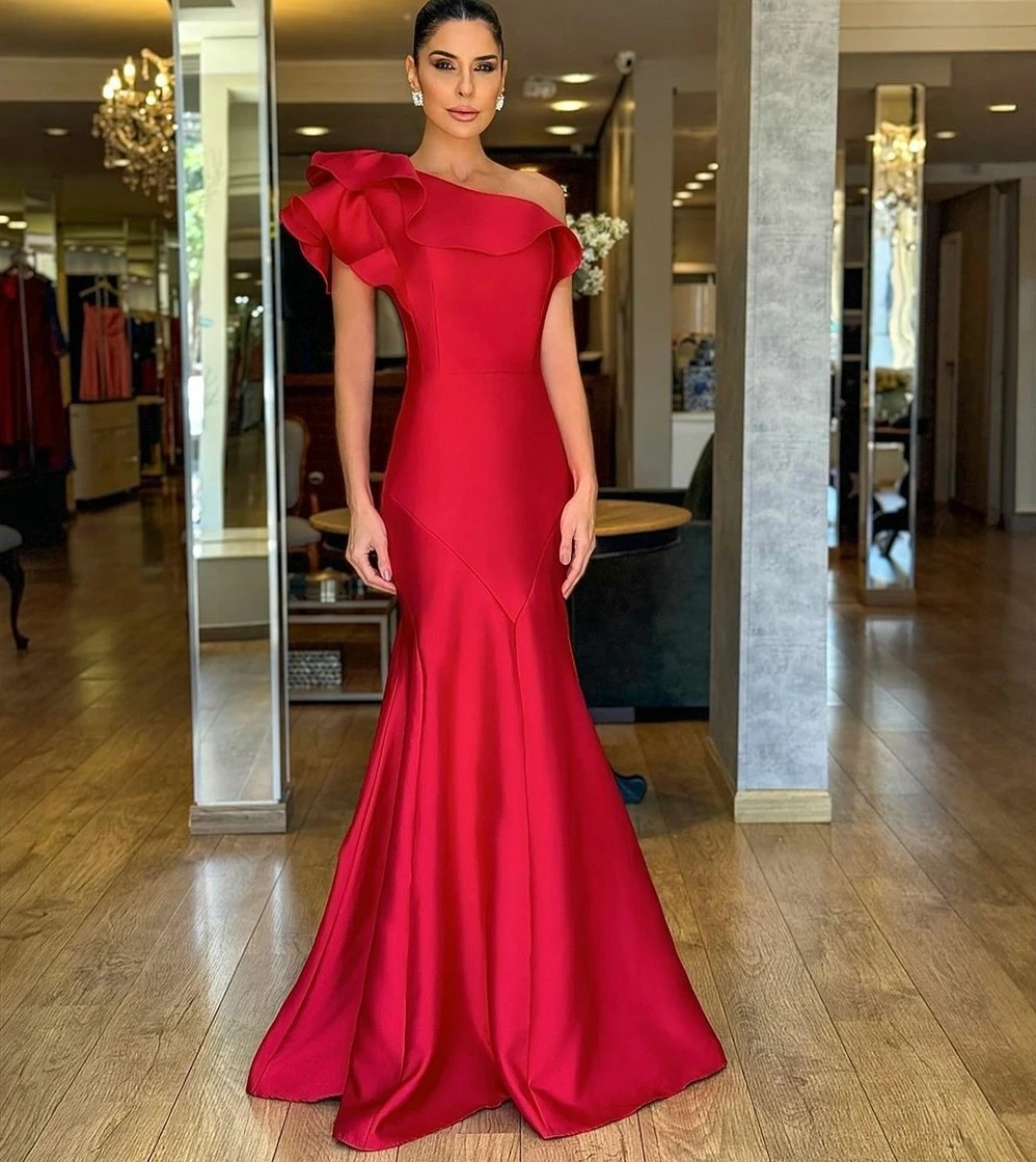 Elegant Red Satin Evening Formal Dress 2026 One Shoulder Mermaid Ruffles Long Prom Pageant Party Gowns Arabic Robe De Soiree