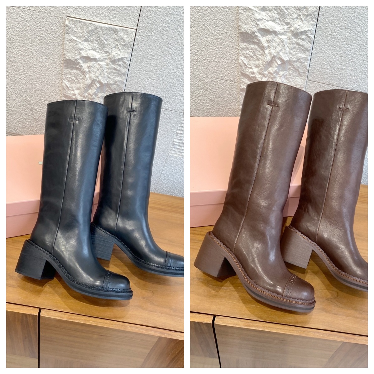 Designer Fall/Winter New Arrivals: Riding Boots, Motorcycle Boots, Over-the-Leg Boots, calfskin texture, and brogue details on the toe; a rebellious