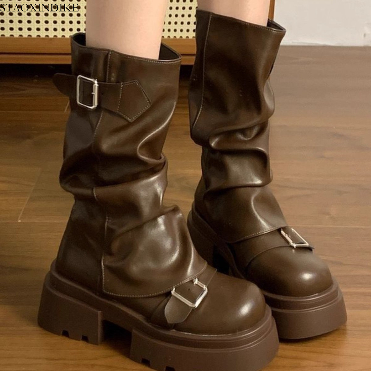 STAOXINDIKE Brown Versatile Thick-Soled Height-Increasing Martin Boots for Women 2025 New Spring Autumn Winter Retro Melad Mid-Calf Boots