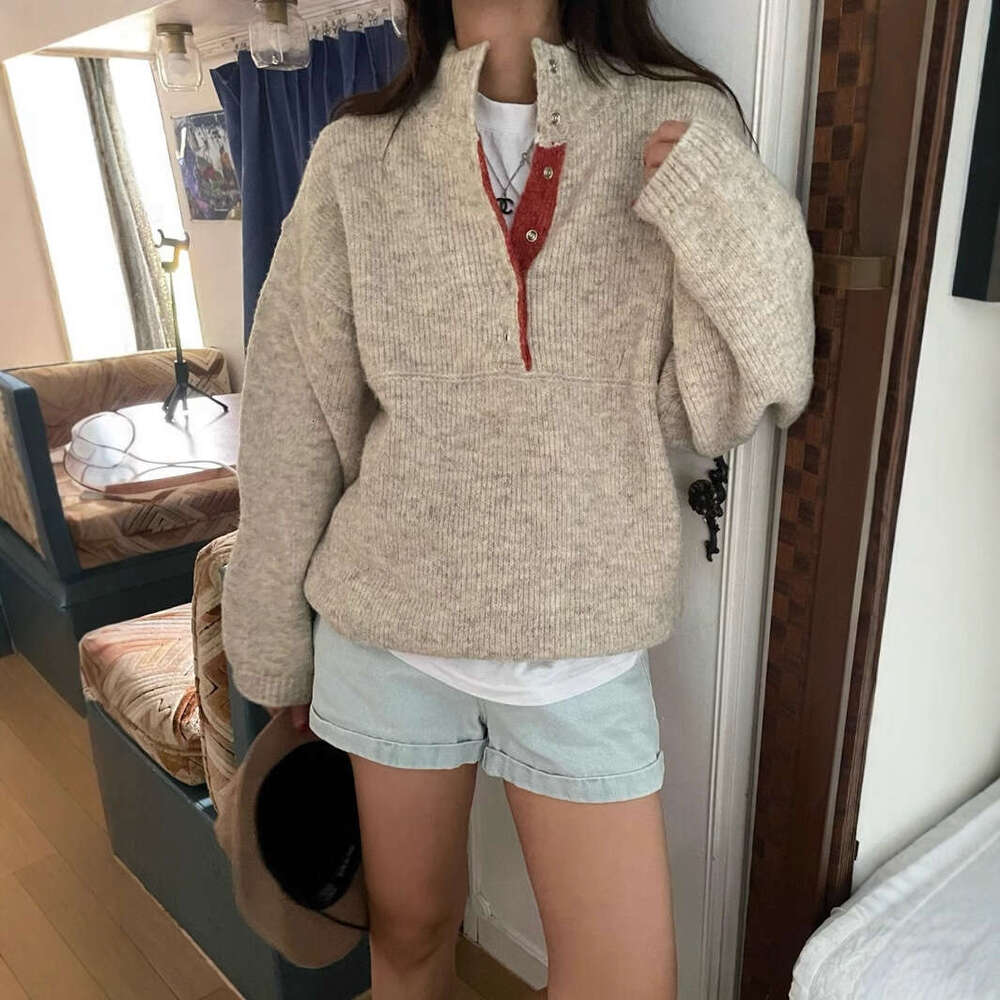 INS Autumn Winter Clothing Korean Style Color-Block Design Niche Hidden Button Pullover Knitted Sweater With Drawstring Hem Top B5