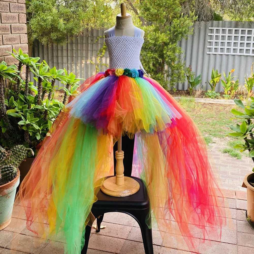 Abito tutù soffice arcobaleno alto e basso per ragazze Bambini Costumi da principessa colorati Abiti da festa per ragazze di fiori Abiti da pista lu