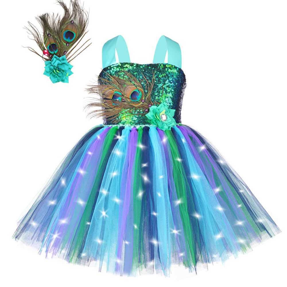 Costume da pavone a luce led per ragazze Paillettes Piume di fiori Abito tutu per bambini Halloween Capodanno Abiti da festa di compleanno X251212