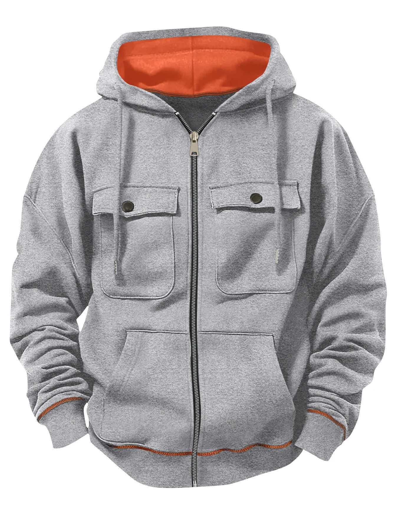 Spring Autumn New Mens Multi Pocket Hoodie with Velvet Casual Zipper Hoodie Fashion Sports Street Top Jacket for Men W251211