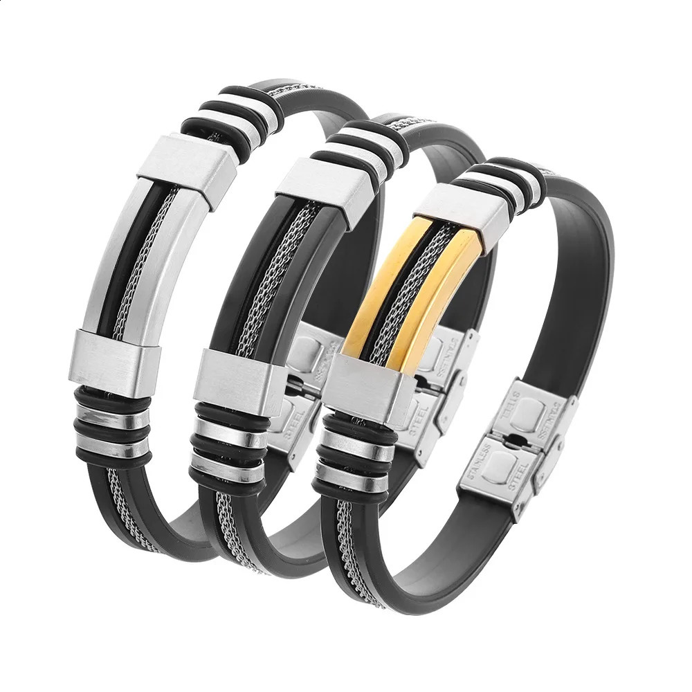 Pulsera de cuero de silicona de acero inoxidable para hombres, cadena de mano deportiva, accesorios de joyería, regalo masculino 251203