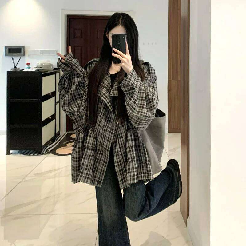 Plus Size Loose Plaid Open Cardigan Women's Spring Autumn Fashion 2026 New Retro Small Design Sensation Silhouette Lazy Workwear Top