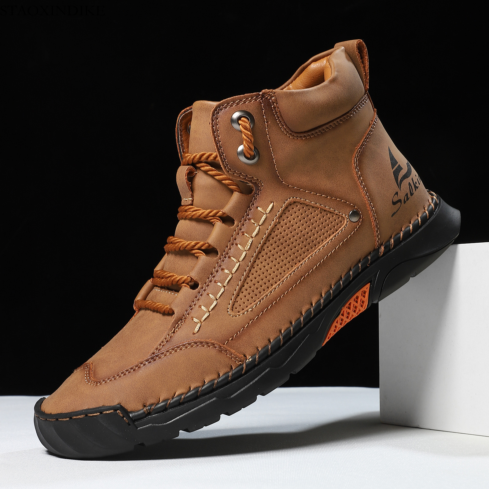 STAOXINDIKE Cross-Border Plus Size Men's PU Leather Boots Men's Fashion Hand-Sewn Ankle Boots Flat Lace-Up Casual Shoes