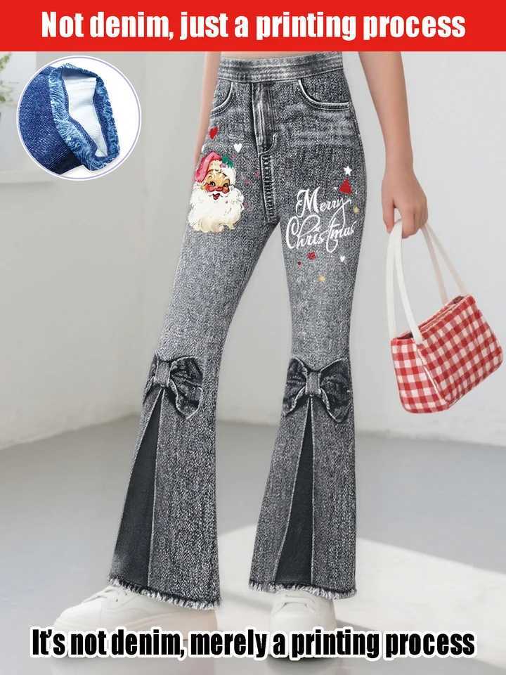 2025 Vente chaude Noël Filles Rose Pantalon évasé Pantalon à neuf points Santa Element Impression Enfants Casual Imitation JeansT251212