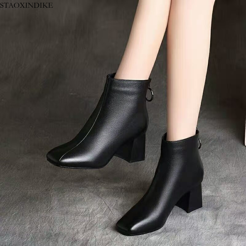 STAOXINDIKE Women's Short Boots Thick Heel Single Boots Soft Leather Shoes Cotton Shoes 2024 Winter New Women's Boots Fleece-Lined Martin