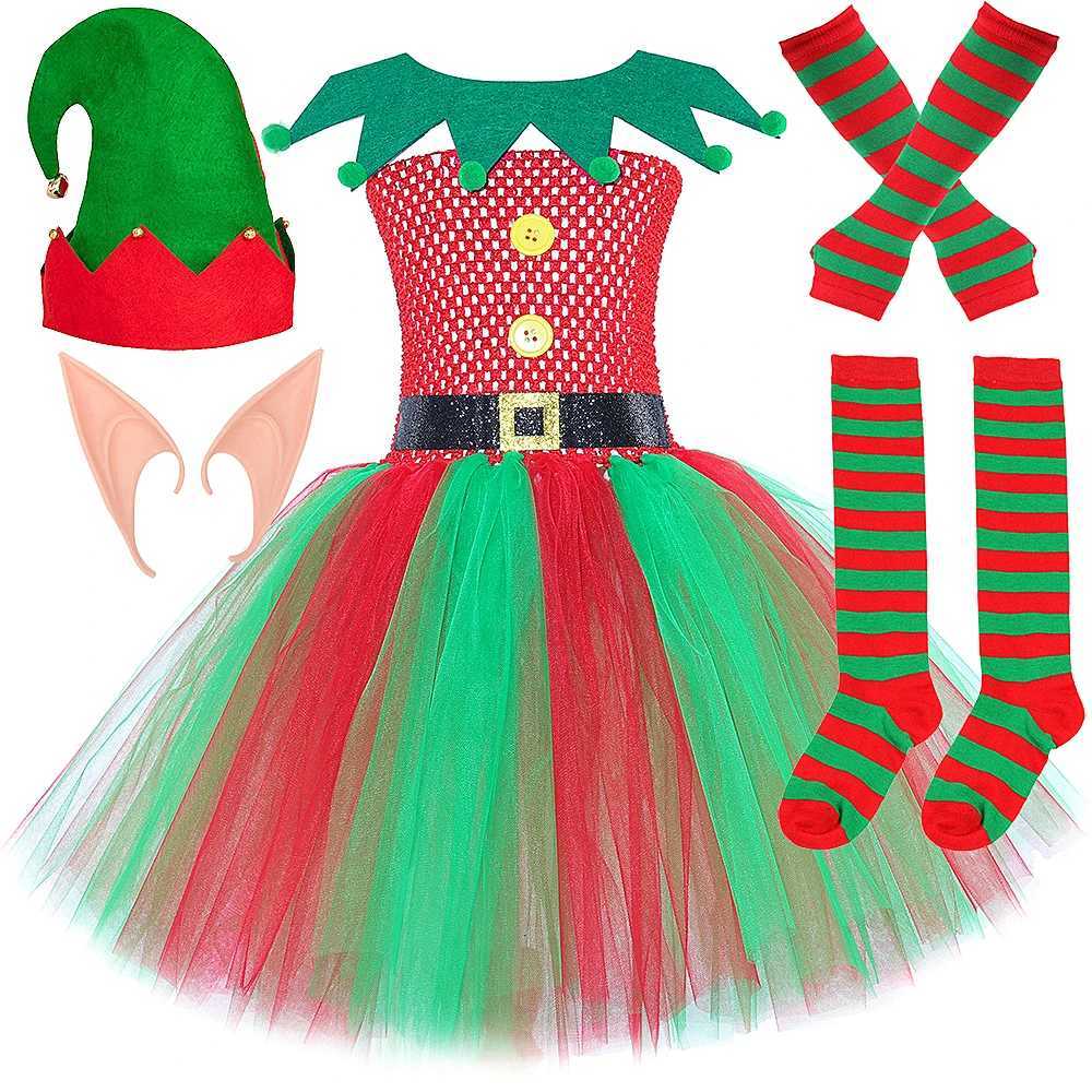 Red Green Christmas Elf Costumes for Girls Xmas Holiday Fancy Tutu Dress for Kids New Year Carnival Outfit with Elves Ears Socks X251212