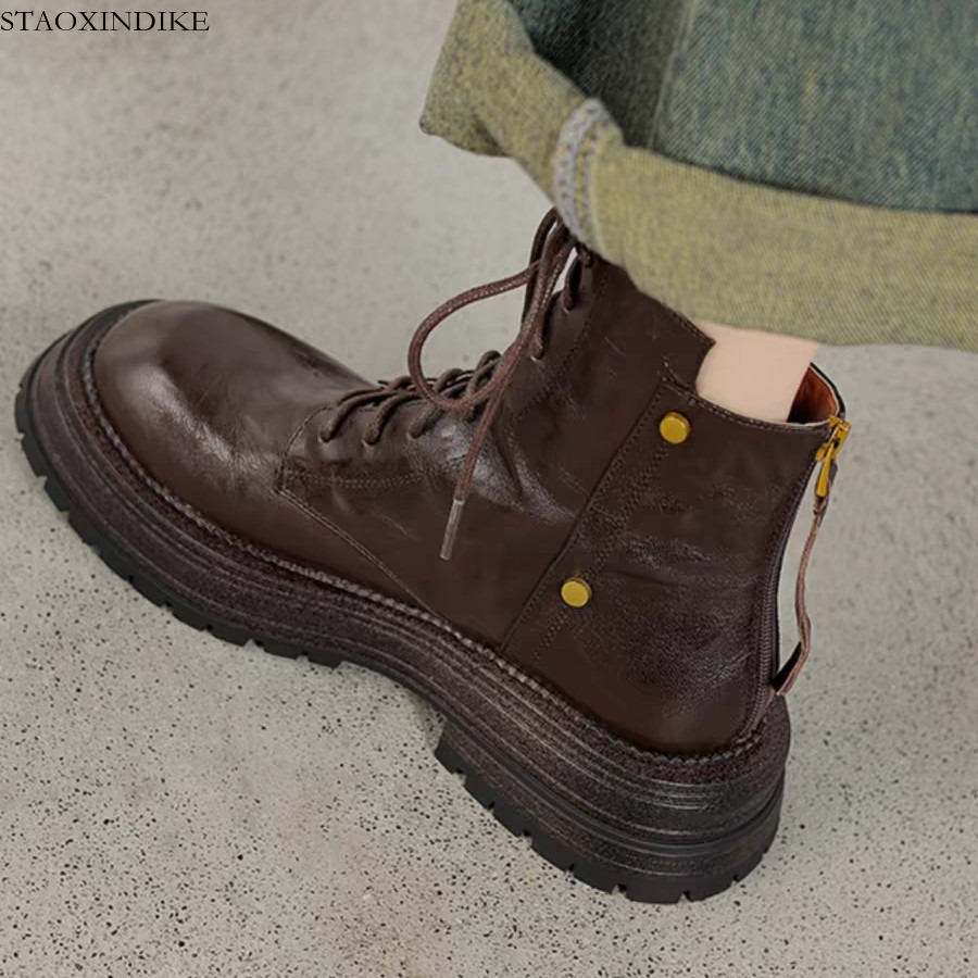 staoxindike soft sheepskin brown thicksoled genuine leather short boots for women 2025 autumn winter new roundtoe retro versatile british style mart