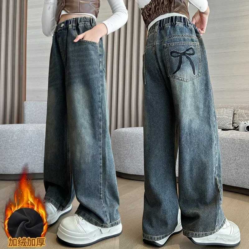 Nouveau hiver enfants fille thermique jean pantalon avec poche arc broderie enfants filles épais chaud jean pantalon pour adolescents T251212