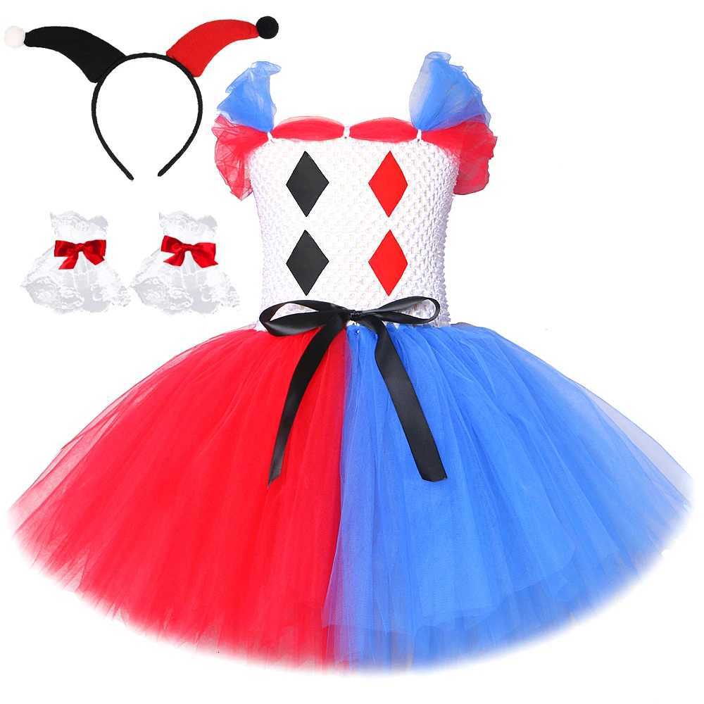 Abito tutu da clown rosso blu reale per ragazze Carnevale Costumi di Halloween per bambini Joker Vestito cosplay Principessa Abiti fantasia Festa X2