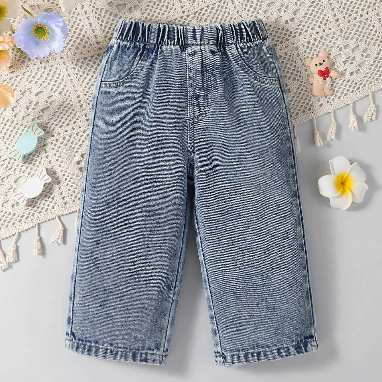 Directional Design of Light-Colored Washed Blue Jeans for Baby Girls Casual Everyday Wear BottomsT251212-image-1088151297