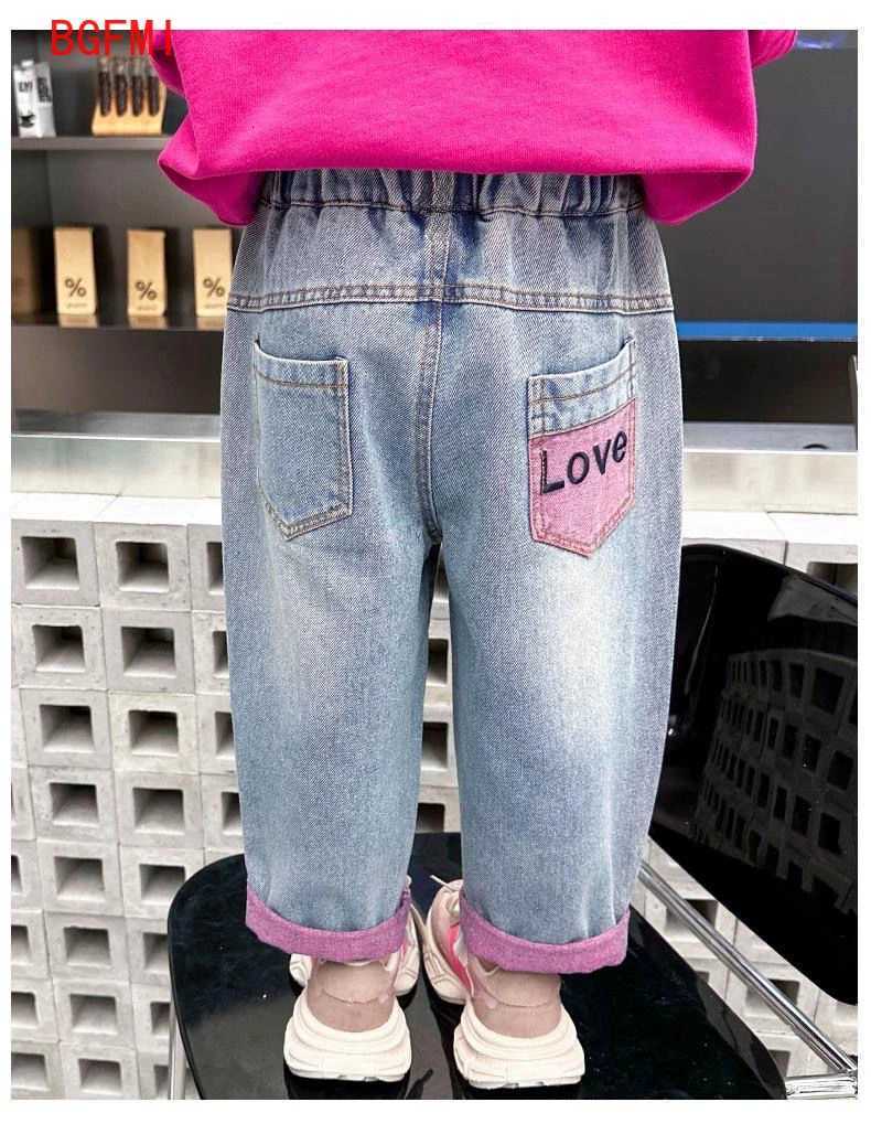 Girls Ripped Jeans Spring Autumn New Children Aging Denim Pants Fashion 2-10Y Kids Straight Pants Cute Letter TrouserT251212-image-1088146732