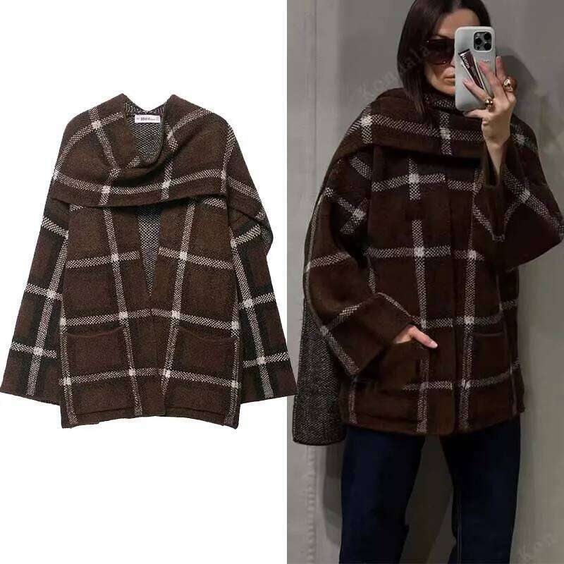 Designer Clothes Women Fashion Plaid Knitted Cardigans Long Sleeve Scarf Collar Sweater Cardigan Autumn Winter New Style Knitwear Coat Hot Selling