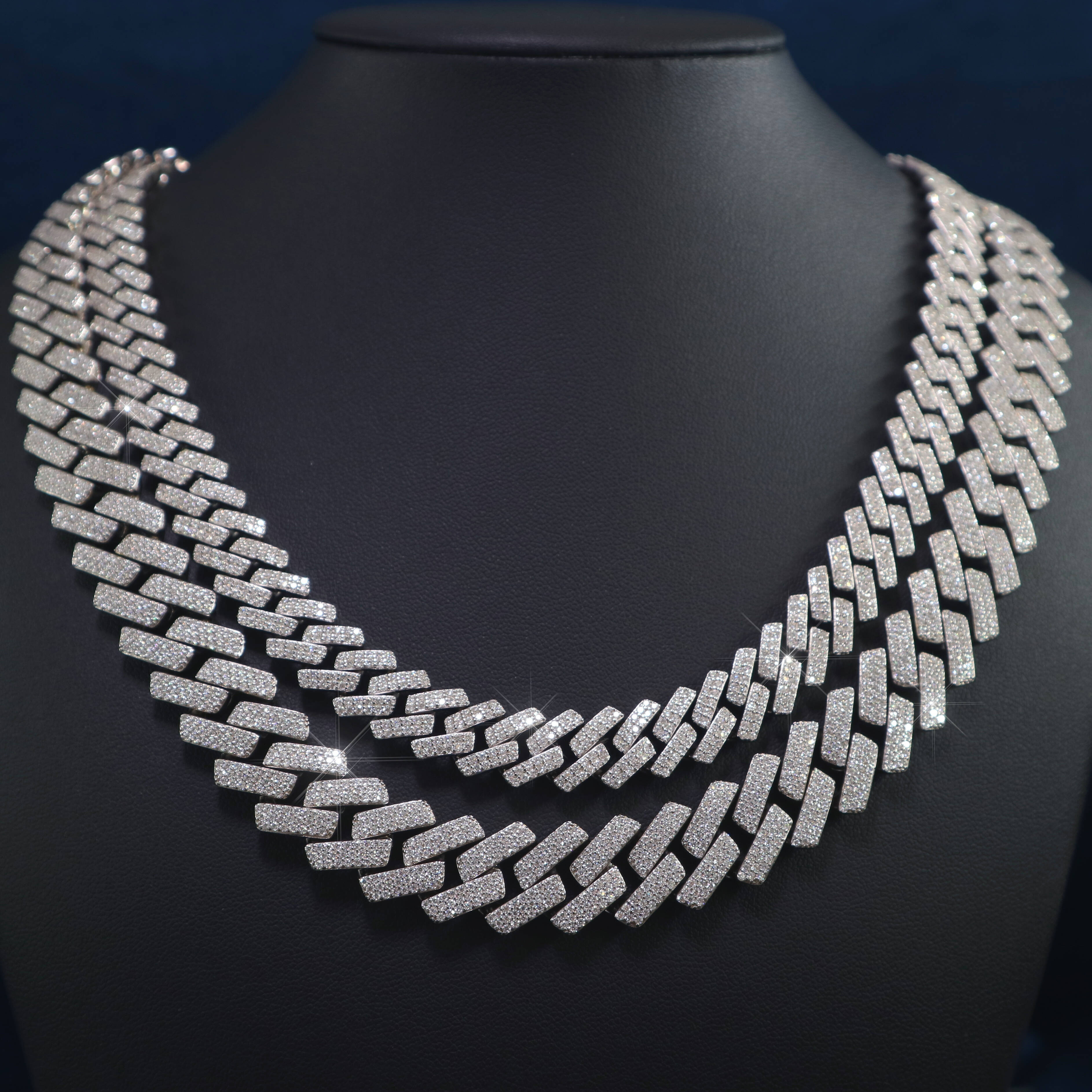 Wholesale 12mm 14mm 2 Rows Cuban Link Moissanite Necklace 925 Silver Hiphop Moissanite Cuban Chain