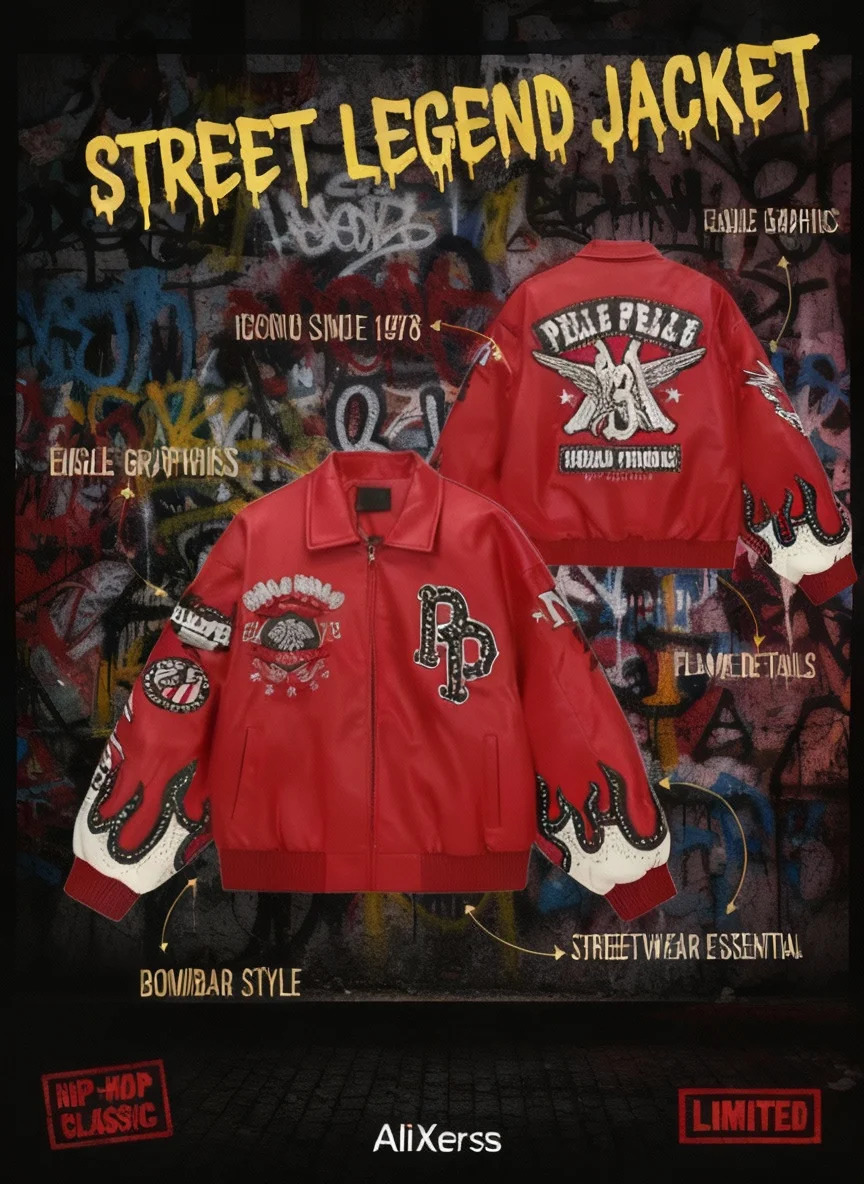 Retro Red Leather Jacket Y2K Mens Clothing Hip Hop Flame y Rhinestone Sequin Oversized Motorcycle Coats 251210