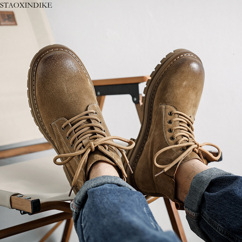 STAOXINDIKE Genuine Leather Martin Boots for Men, Summer New Versatile High-top Shoes, Outdoor Work Boots, Thick-soled Height-increasing Short Boots
