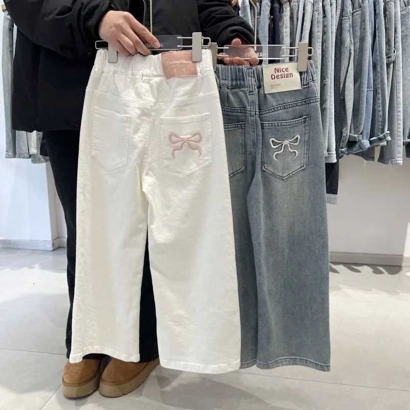 Autumn Junior Girls Straight Pant Bow Printed Pocket Children Girls Denim Pant Loose Elastic Waist Kids Baby Girls Wide Leg PantT251212-image-1088152983