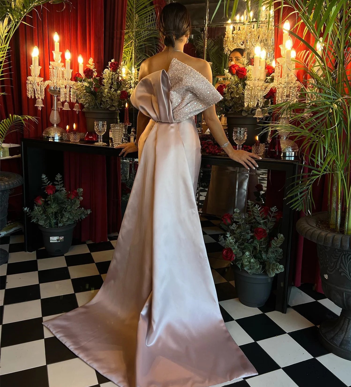 Elegante abito da ballo formale rosa con fiocco con paillettes lungo in raso abiti da spettacolo da sera arabo Robe De Soiree Gala Abiti da festa