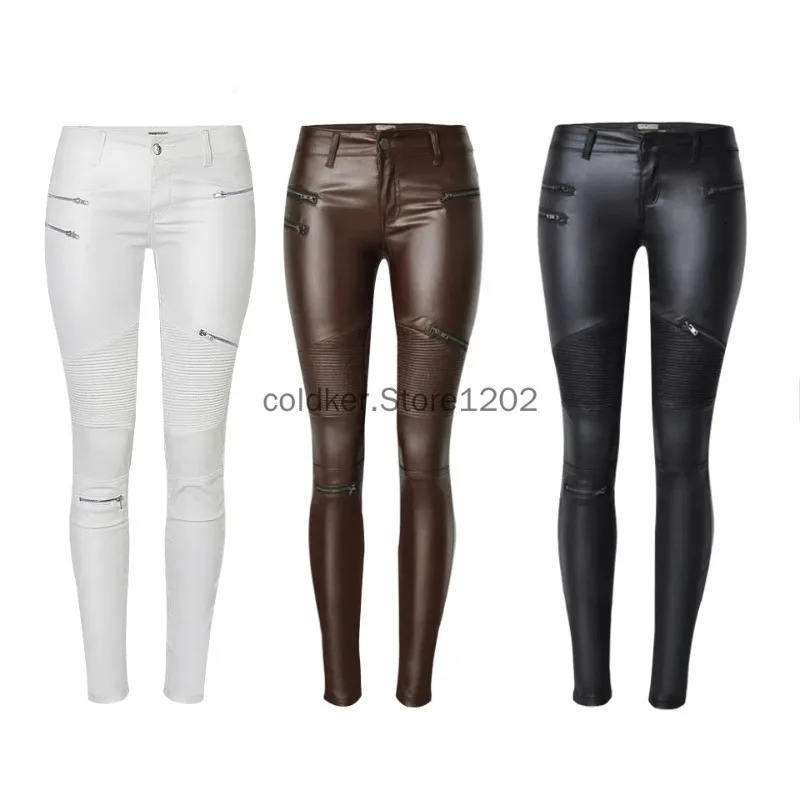 Womens Pu Slim Pants Zippered Faux Leather Stretch Skinny Fit Motorcycle Jeans in White Brown Black Pencil Biker Pants 251211