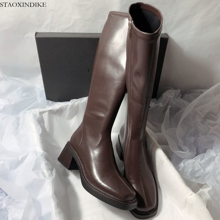 STAOXINDIKE Square Toe Side Zipper Slimming High Boots 2025 Autumn Winter New Retro Style Chunky Heel Over-the-Knee Martin Boots for Women