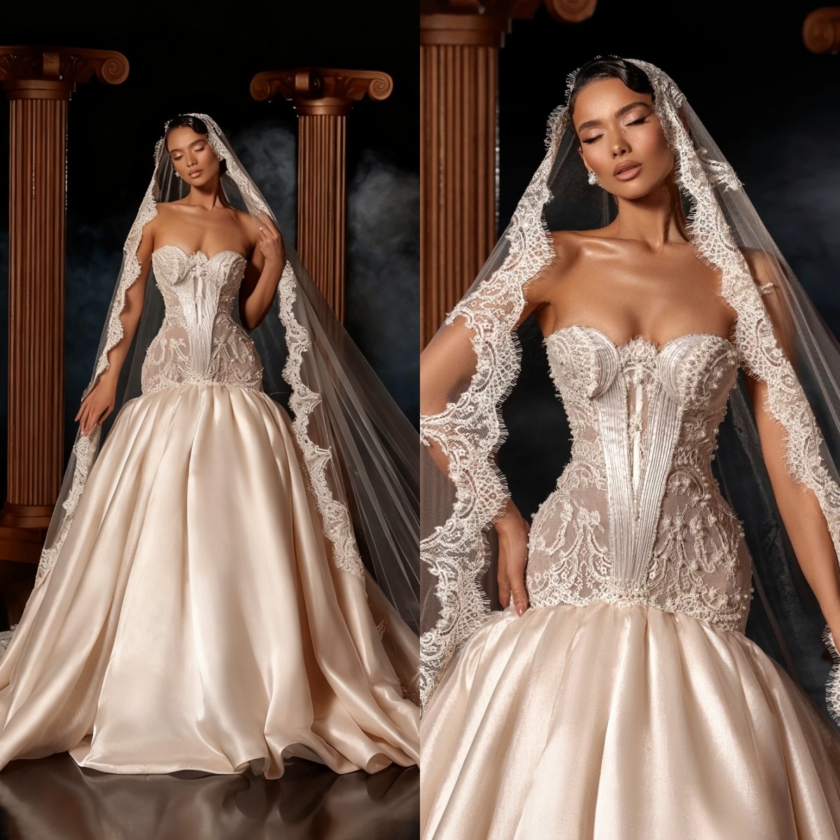 Graceful Wedding Dresses Lace Pearls Bridal Gowns Appliques Satin Princess Mermaid Sleeveless Sweep Train Customized Vestidos De Novia Plus Size