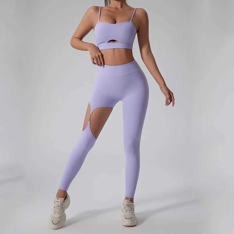 Spring Summer Women Yoga Tracksuit Thin Shoulder Straps Tank TopHigh Waist Hollow Out Leggings Gym Fitness Workout Elastic SetT251212-image-1088145594