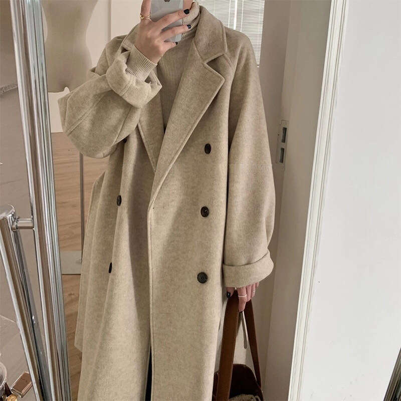 Korean Chic French Style Hepburn Wool For Women, Autumn And Winter Small Size Woolen Lace-Up Double-Breasted Coat B5
