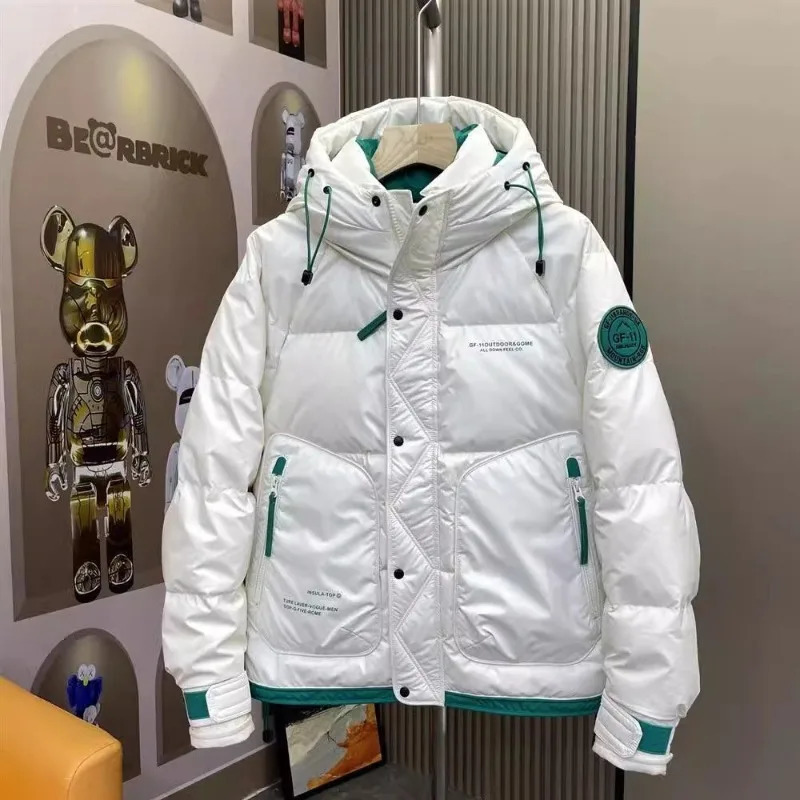 Mens Down Jacket Cool Big Badge Hooded Coat Pockets Fashionable Short Men Clothing Streetwear 251210