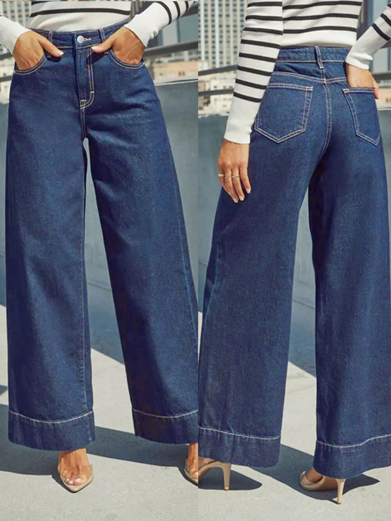 Jeans da donna classici a gamba larga blu a vita alta - Jeans elasticizzati con bottoni Jeans lavati vintage morbidi e confortevoli251205