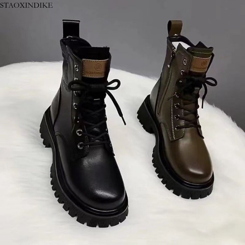 STAOXINDIKE Foreign Trade Martin Boots for Women Trendy British Style Thick Sole Versatile 2025 New Winter Fleece-Lined Short Boots Spring Autumn Si