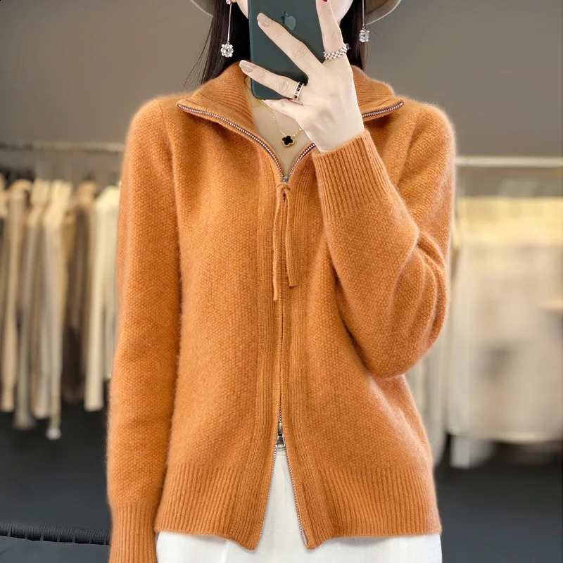 Womens 100 Merino Wool Knitting Sweater Turndown Collar Cardigan AutumnWinter Thick Tops Cashmere Double Zipper Soft Jacket 251203